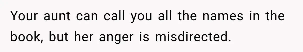 Your aunt can call you all the names in the book, but her anger is misdirected.