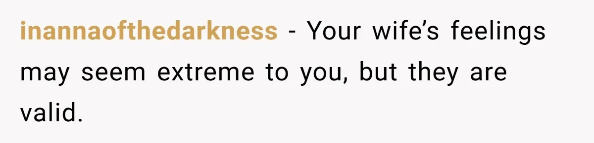 inannaofthedarkness − Your wife’s feelings may seem extreme to you, but they are valid.