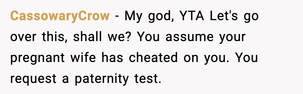 CassowaryCrow - My god, YTA Let's go over this, shall we? You assume your pregnant wife has cheated on you. You request a paternity test.