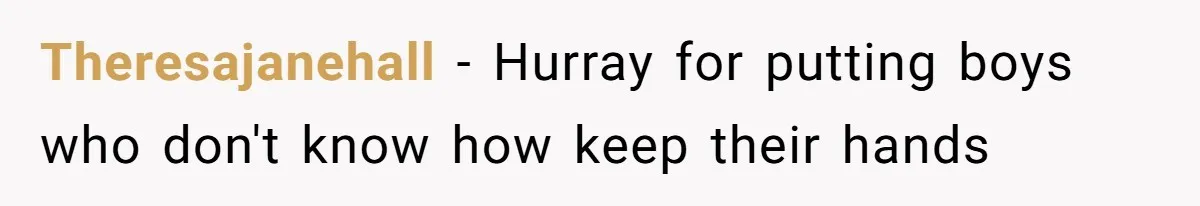 Theresajanehall − Hurray for putting boys who don't know how keep their hands