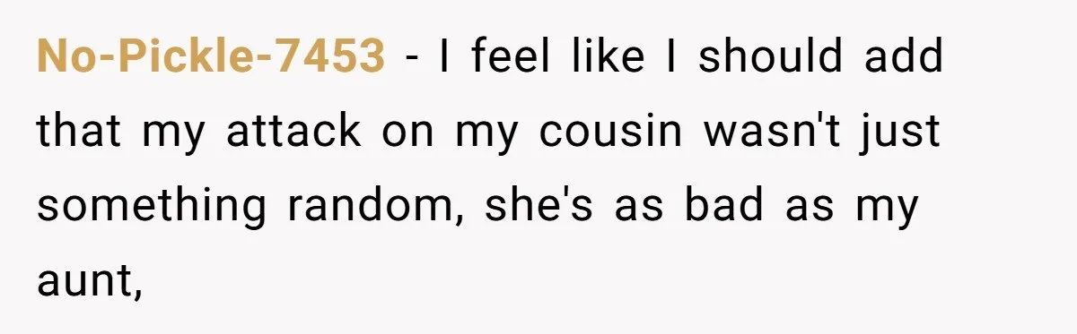 No-Pickle-7453 − I feel like I should add that my attack on my cousin wasn't just something random, she's as bad as my aunt,