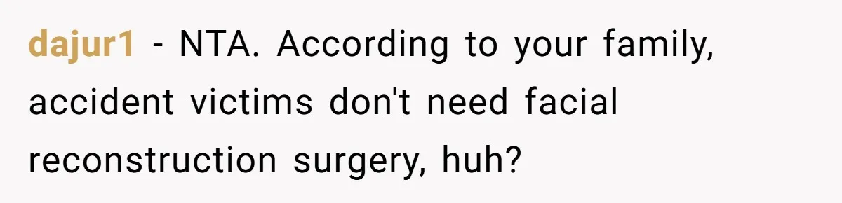 dajur1 − NTA. According to your family, accident victims don't need facial reconstruction surgery, huh?