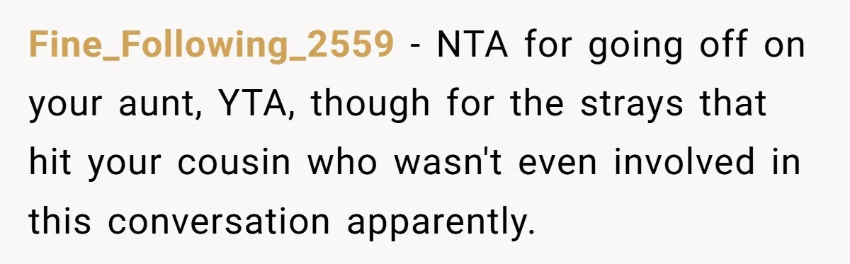 Fine_Following_2559 − NTA for going off on your aunt, YTA, though for the strays that hit your cousin who wasn't even involved in this conversation apparently.