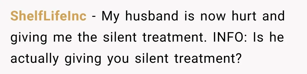 Bride Confesses She Hated Her Wedding, Husband Now Giving Her The Silent Treatment ShelfLifeInc − My husband is now hurt and giving me the silent treatment. INFO: Is he actually giving you silent treatment?