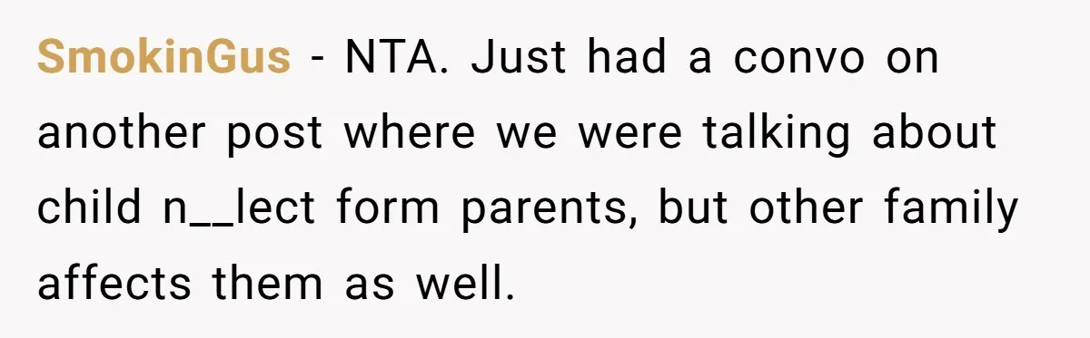 SmokinGus − NTA. Just had a convo on another post where we were talking about child n__lect form parents, but other family affects them as well.