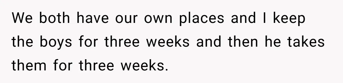 We both have our own places and I keep the boys for three weeks and then he takes them for three weeks.