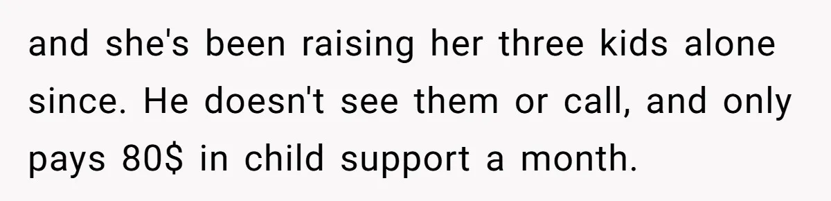 and she's been raising her three kids alone since. He doesn't see them or call, and only pays 80$ in child support a month.