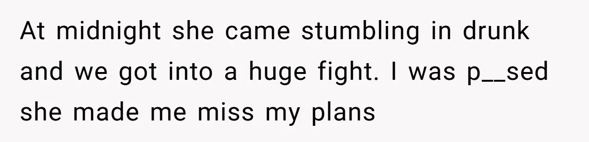 At midnight she came stumbling in drunk and we got into a huge fight. I was p__sed she made me miss my plans