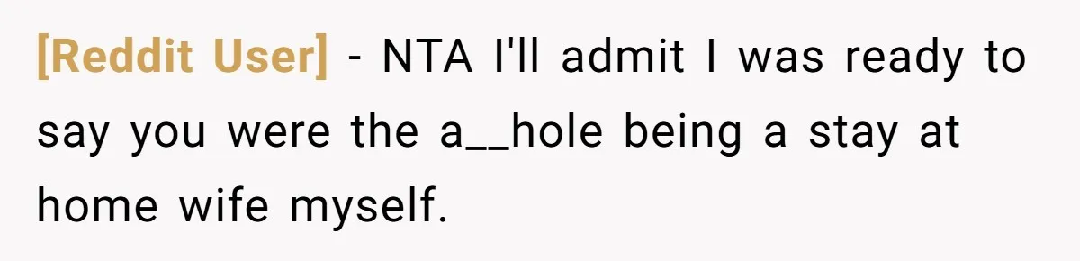 [Reddit User] − NTA I'll admit I was ready to say you were the a__hole being a stay at home wife myself.