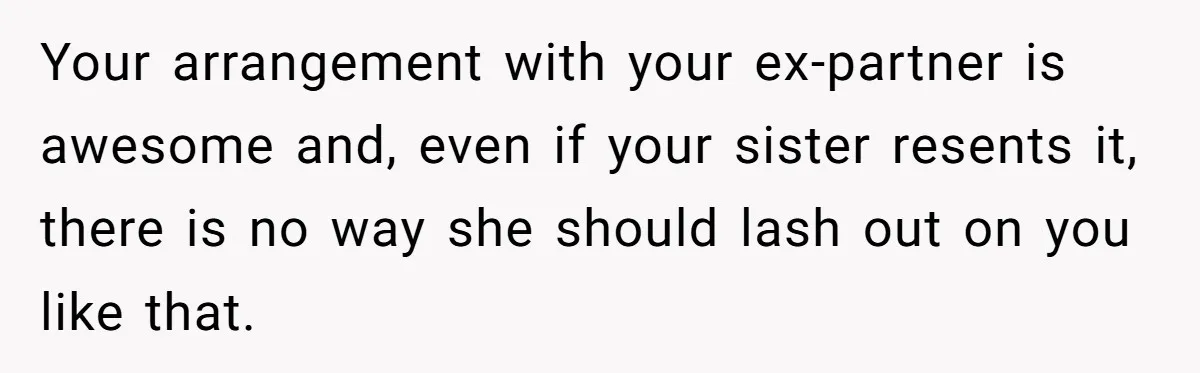 Your arrangement with your ex-partner is awesome and, even if your sister resents it, there is no way she should lash out on you like that.