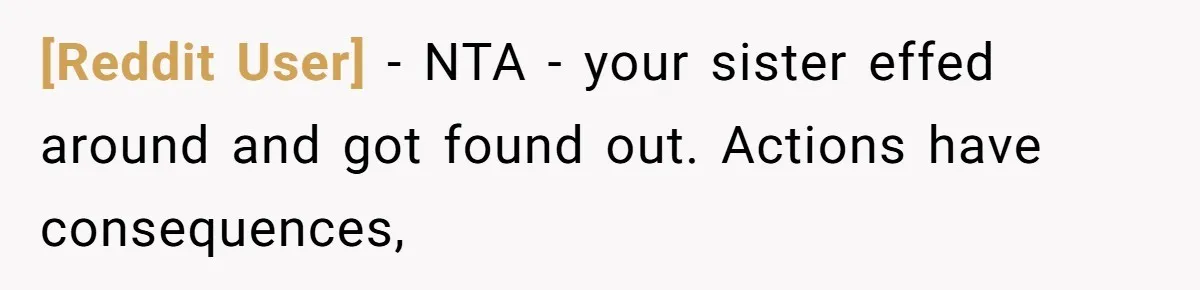[Reddit User] − NTA - your sister effed around and got found out. Actions have consequences,