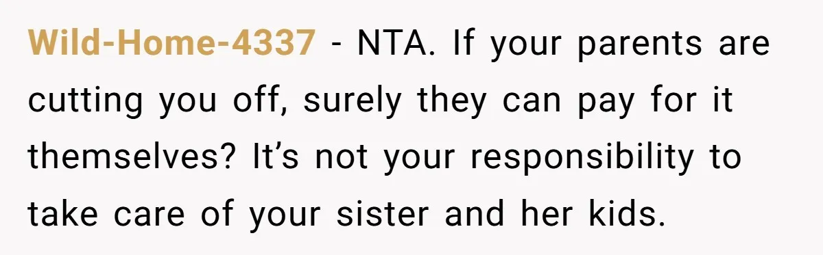Wild-Home-4337 − NTA. If your parents are cutting you off, surely they can pay for it themselves? It’s not your responsibility to take care of your sister and her kids.