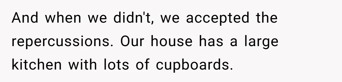 And when we didn't, we accepted the repercussions. Our house has a large kitchen with lots of cupboards.