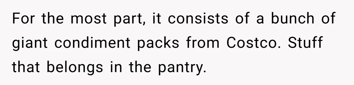 For the most part, it consists of a bunch of giant condiment packs from Costco. Stuff that belongs in the pantry.