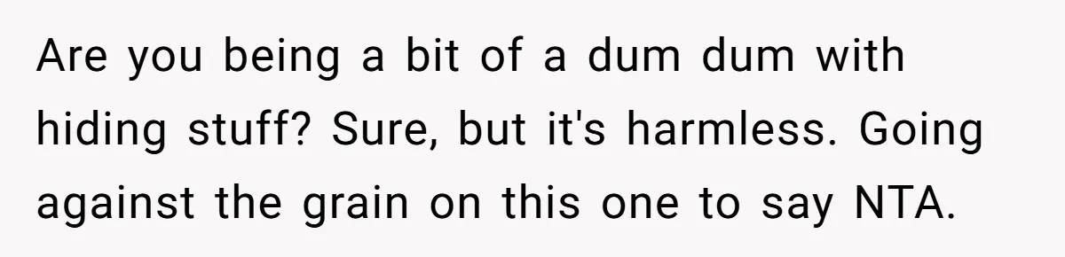 Are you being a bit of a dum dum with hiding stuff? Sure, but it's harmless. Going against the grain on this one to say NTA.
