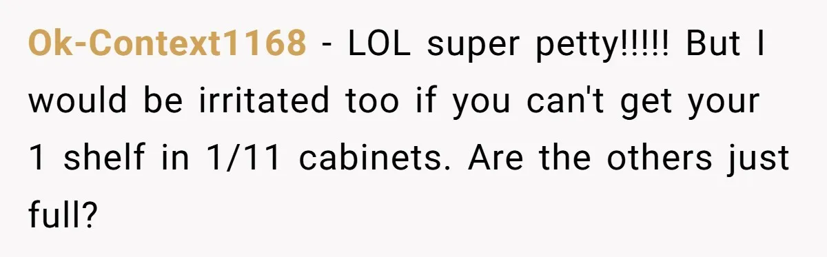 Ok-Context1168 − LOL super petty!!!!! But I would be irritated too if you can't get your 1 shelf in 1/11 cabinets. Are the others just full?