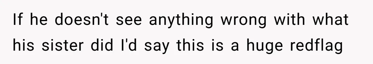 If he doesn't see anything wrong with what his sister did I'd say this is a huge redflag