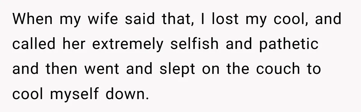 When my wife said that, I lost my cool, and called her extremely selfish and pathetic and then went and slept on the couch to cool myself down.