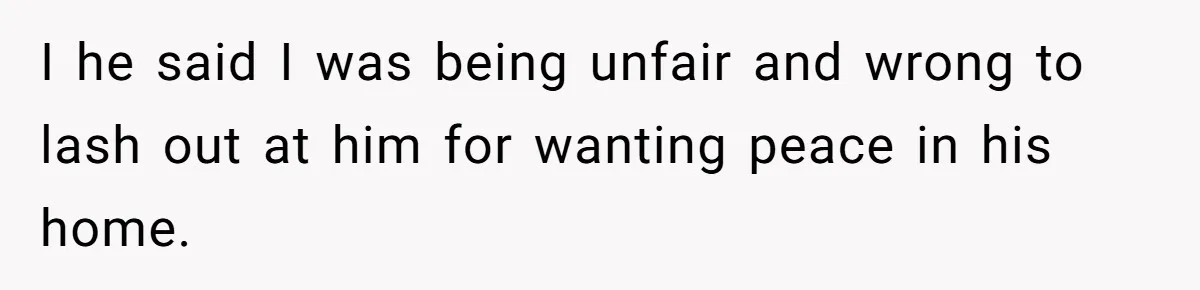 I he said I was being unfair and wrong to lash out at him for wanting peace in his home.