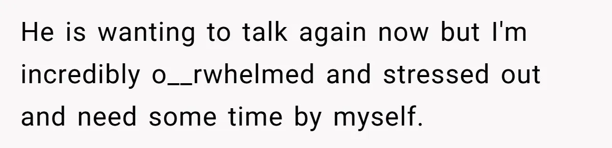 He is wanting to talk again now but I'm incredibly o__rwhelmed and stressed out and need some time by myself.