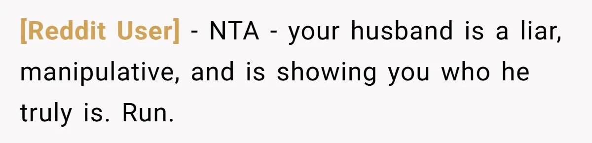[Reddit User] − NTA - your husband is a liar, manipulative, and is showing you who he truly is. Run.