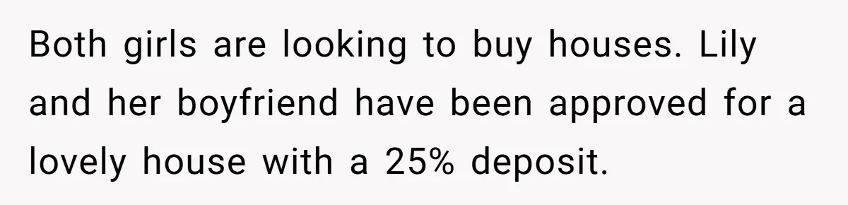 Both girls are looking to buy houses. Lily and her boyfriend have been approved for a lovely house with a 25% deposit.