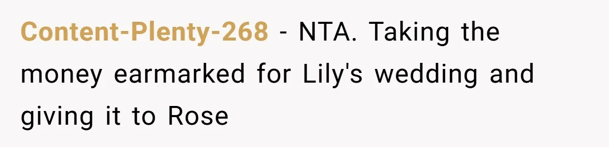 Content-Plenty-268 − NTA. Taking the money earmarked for Lily's wedding and giving it to Rose
