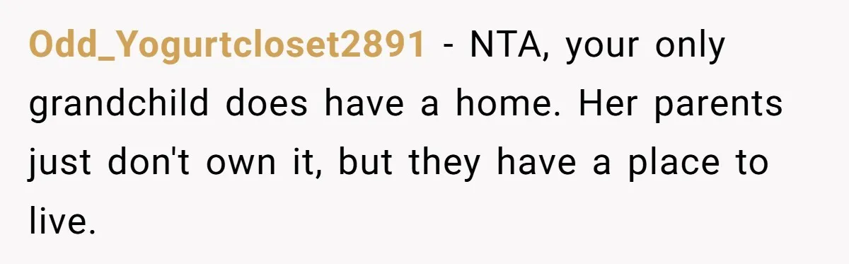 Odd_Yogurtcloset2891 − NTA, your only grandchild does have a home. Her parents just don't own it, but they have a place to live.
