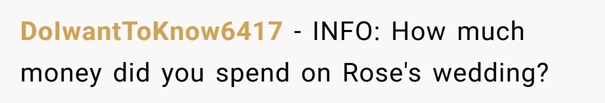 DoIwantToKnow6417 − INFO: How much money did you spend on Rose's wedding?