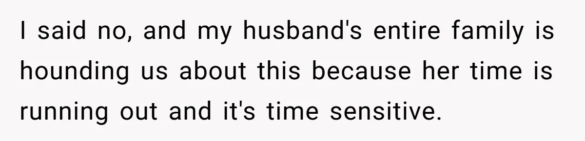 I said no, and my husband's entire family is hounding us about this because her time is running out and it's time sensitive.