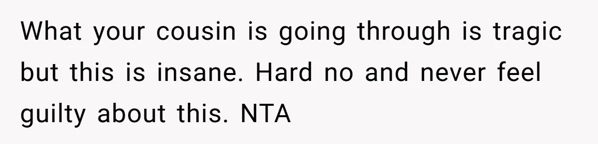 What your cousin is going through is tragic but this is insane. Hard no and never feel guilty about this. NTA