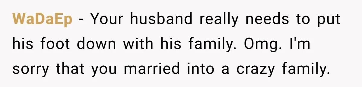 WaDaEp − Your husband really needs to put his foot down with his family. Omg. I'm sorry that you married into a crazy family.