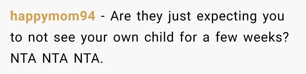 happymom94 − Are they just expecting you to not see your own child for a few weeks? NTA NTA NTA.