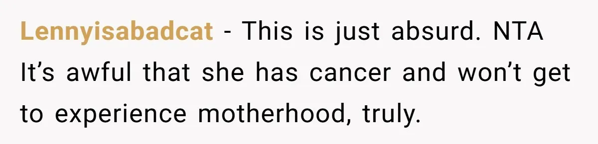 Lennyisabadcat − This is just absurd. NTA It’s awful that she has cancer and won’t get to experience motherhood, truly.