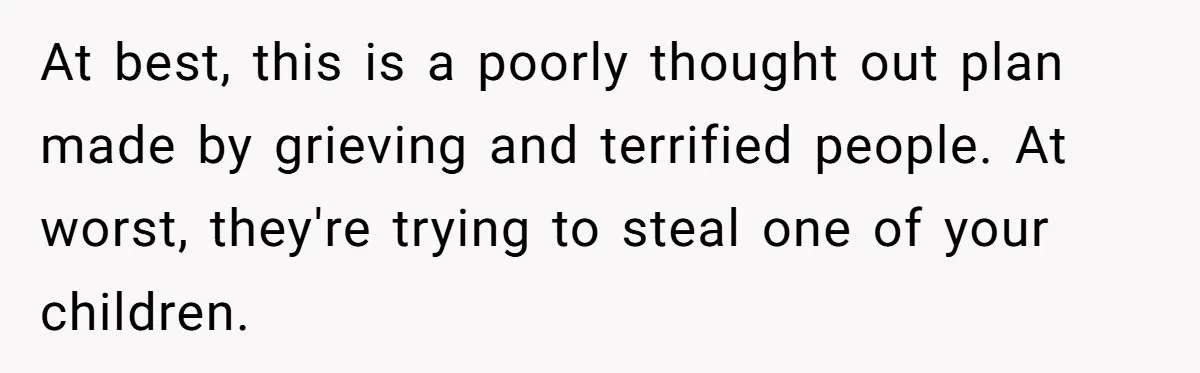 At best, this is a poorly thought out plan made by grieving and terrified people. At worst, they're trying to steal one of your children.