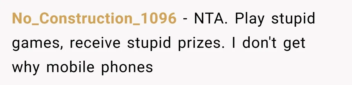 No_Construction_1096 − NTA. Play stupid games, receive stupid prizes. I don't get why mobile phones