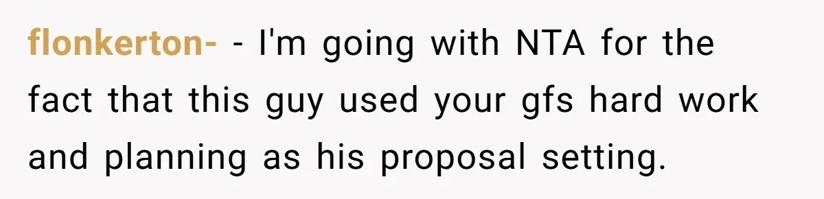 flonkerton- − I'm going with NTA for the fact that this guy used your gfs hard work and planning as his proposal setting.
