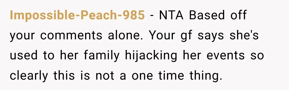 Impossible-Peach-985 − NTA Based off your comments alone. Your gf says she's used to her family hijacking her events so clearly this is not a one time thing.
