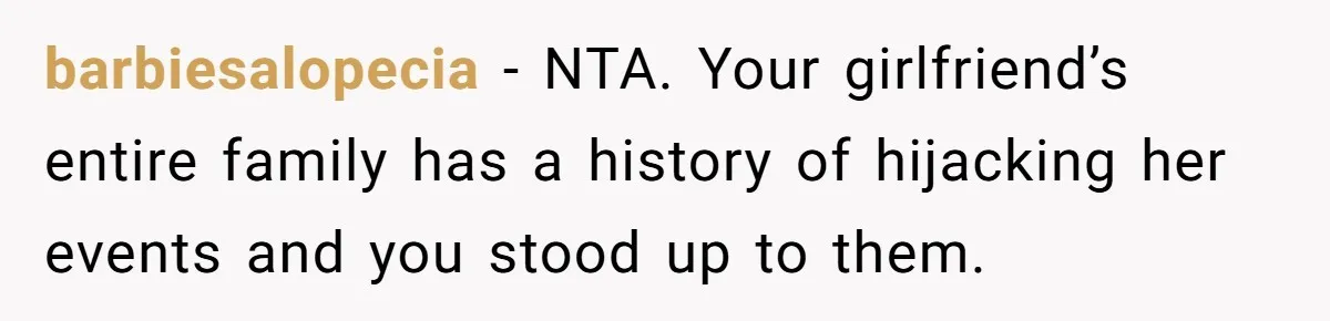 barbiesalopecia − NTA. Your girlfriend’s entire family has a history of hijacking her events and you stood up to them.