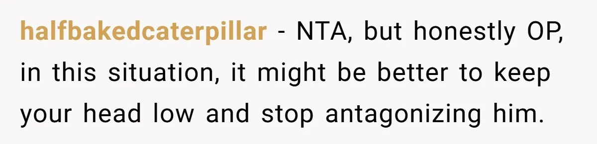 halfbakedcaterpillar − NTA, but honestly OP, in this situation, it might be better to keep your head low and stop antagonizing him.