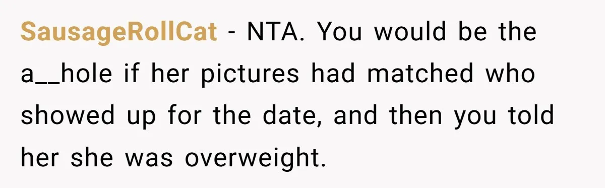 SausageRollCat − NTA. You would be the a__hole if her pictures had matched who showed up for the date, and then you told her she was overweight.