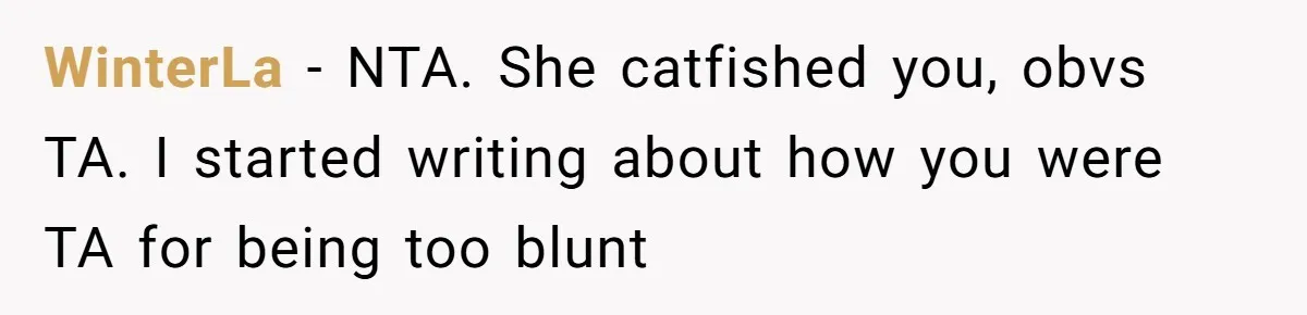 WinterLa − NTA. She catfished you, obvs TA. I started writing about how you were TA for being too blunt