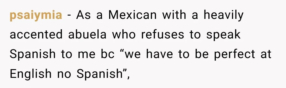psaiymia − As a Mexican with a heavily accented abuela who refuses to speak Spanish to me bc “we have to be perfect at English no Spanish”,