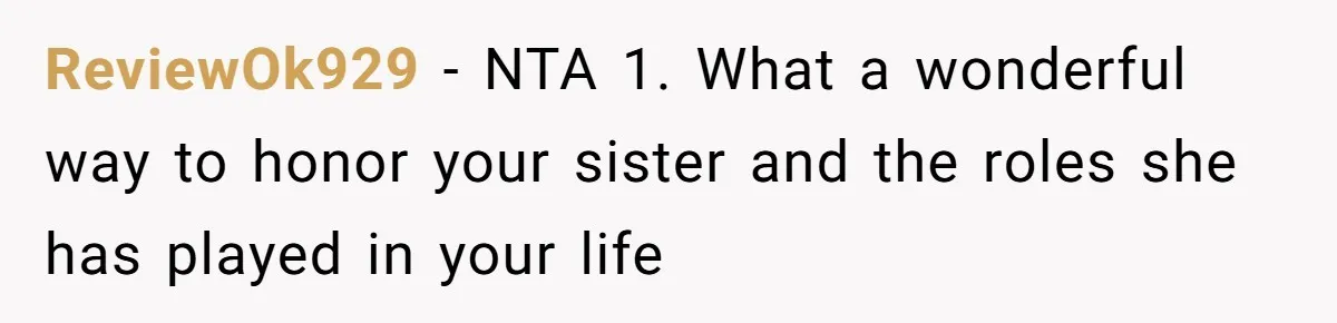 ReviewOk929 − NTA 1. What a wonderful way to honor your sister and the roles she has played in your life