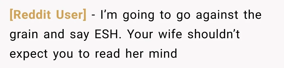 [Reddit User] − I’m going to go against the grain and say ESH. Your wife shouldn’t expect you to read her mind