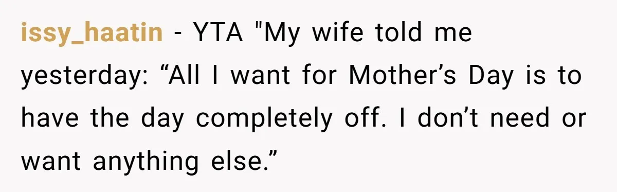 issy_haatin − YTA "My wife told me yesterday: “All I want for Mother’s Day is to have the day completely off. I don’t need or want anything else.”