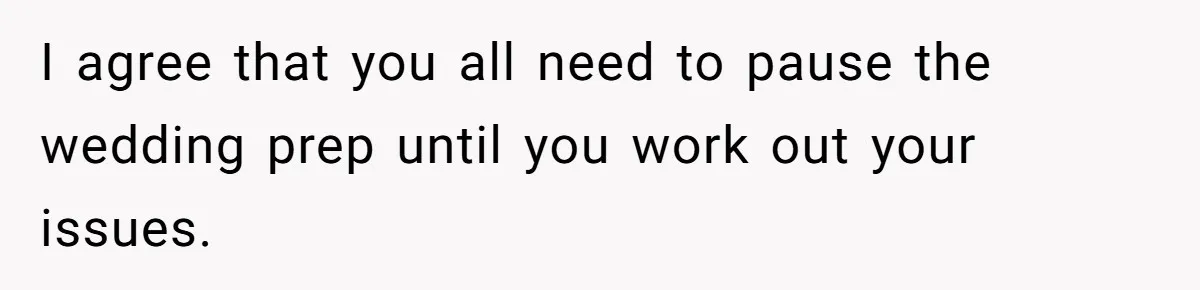 I agree that you all need to pause the wedding prep until you work out your issues.