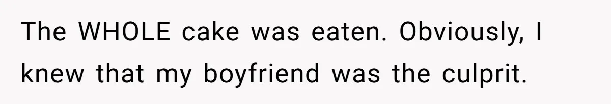 The WHOLE cake was eaten. Obviously, I knew that my boyfriend was the culprit.