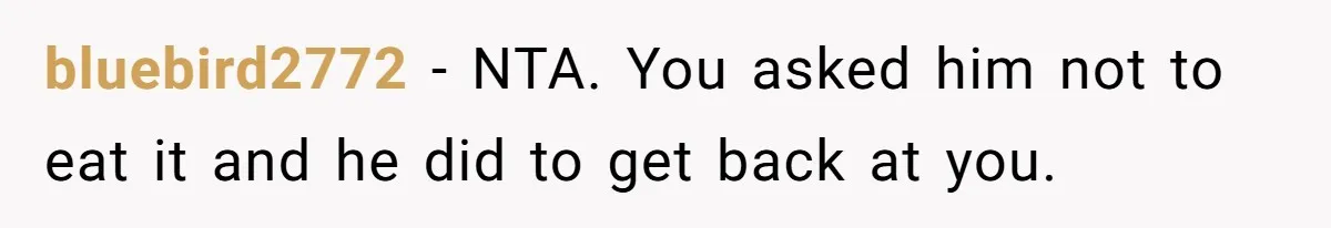 bluebird2772 − NTA. You asked him not to eat it and he did to get back at you.
