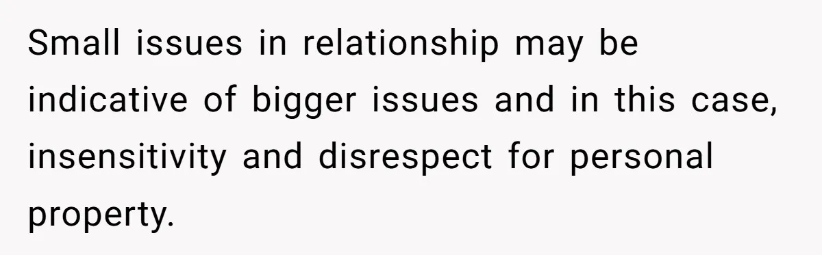 Small issues in relationship may be indicative of bigger issues and in this case, insensitivity and disrespect for personal property.